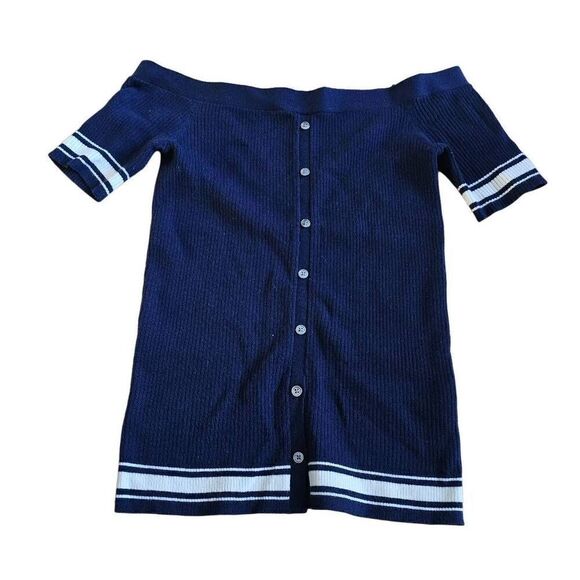 Frame womens Sz M navy wool blend off the shoulder button down sweater top - Picture 1 of 7